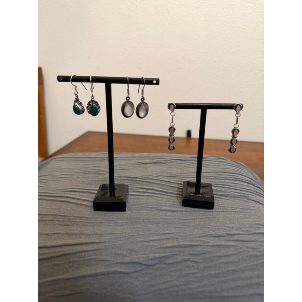 Lot 3 Sterling Silver 925 Gemstone Dangle Earrings Malachite Moonstone Pink Ston